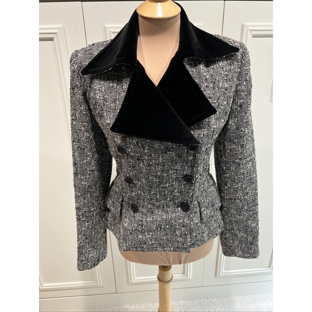 Vertigo Pour La Ville Tweed Double Breasted Crop Blazer Velvet Trim Dark Academi
